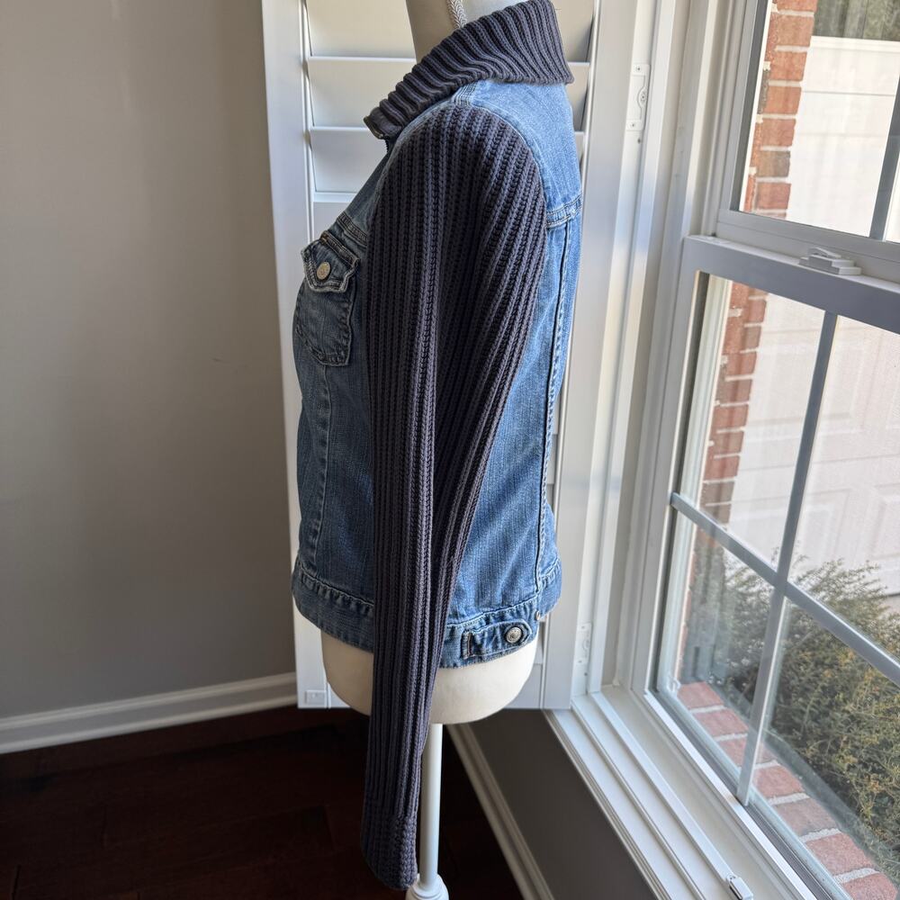 Vintage GAP Jean Jacket Womens M Blue Knit Sweater Sleeves Y2K Bohemian Grunge - Picture 5 of 12
